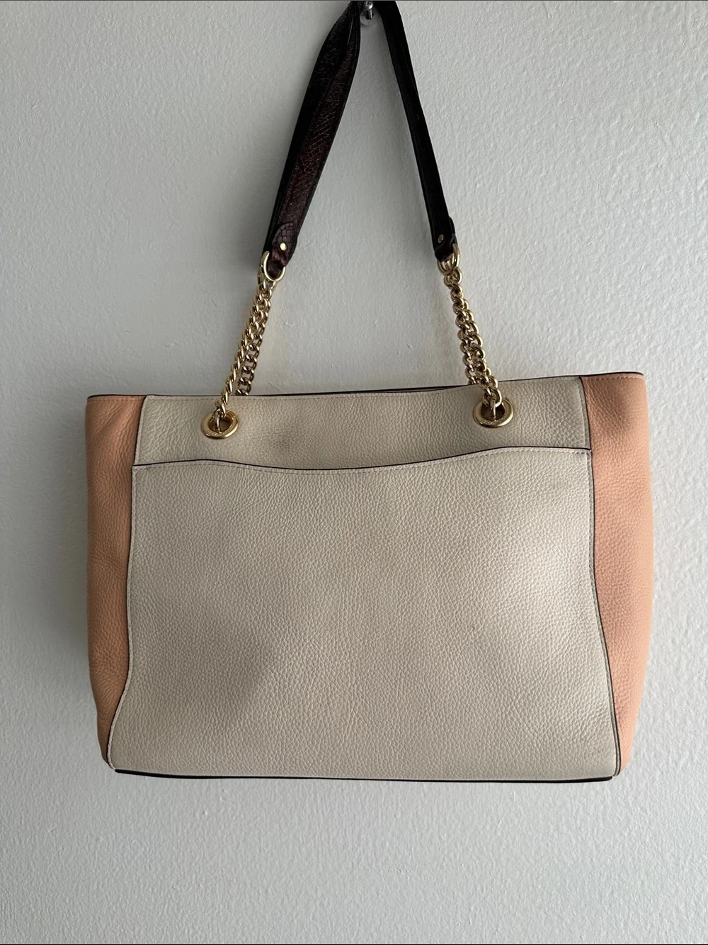 Coach Two-Tone Leather Tote in Cream and Peach with Gold Hardware